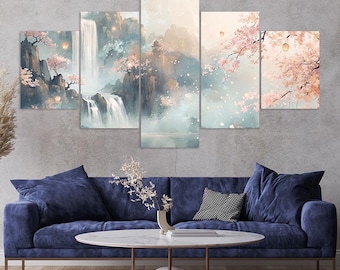 Misty Waterfall Cherry Blossoms Lanterns Chinese Pagoda 5 Piece Canvas Wall Art Framed Multi Panel Prints Painting Style Art Home Decor