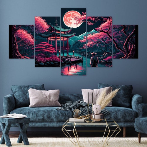 Japanese Garden Cherry Blossom Canvas Art, Full Moon Multi Panel