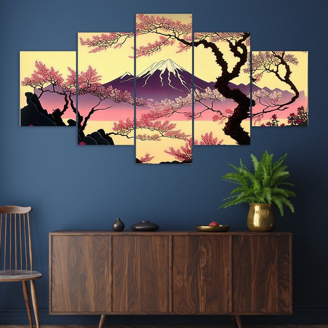 Japanese Art Sakura Trees 5 Piece Canvas Wall Art Framed Multi Panel