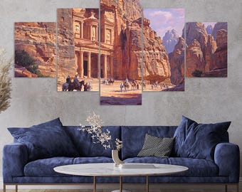 Petra Treasury Carved Rock Caravan Camels Desert 5 Piece Canvas Wall Art Framed Multi Panel Prints Oil Painting Style Art Home Decor