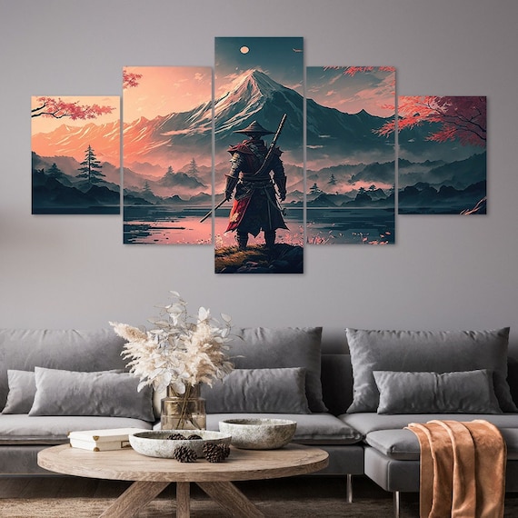 Standing Samurai Mountain Landscape 5 Piece Canvas Wall Art Framed