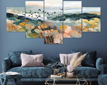 Watercolor Mountain Birds Misty Flowers 5 Piece Canvas Wall Art Framed Multi Panel Prints Painting Style Art Home Decor
