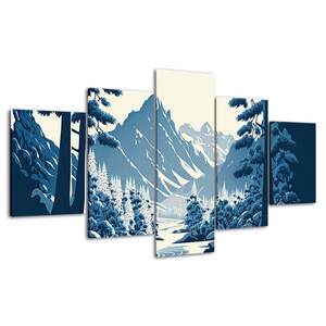 Forest Mountain Winter Landscape 5 Piece Canvas Wall Art Framed Multi ...