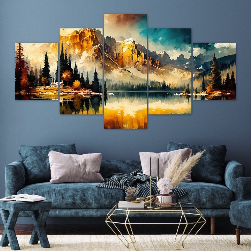 Dramatic Lake Mountains Landscape 5 Piece Canvas Wall Art Framed Multi Panel Prints Painting Style Art Modern Home Decor