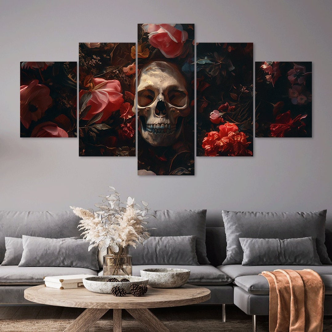 drdfrnt art skul art 部屋に　インテリア　カルフォルニア Skull and Flowers Canvas Wall Art, Dark Fantasy Home Decor - Etsy