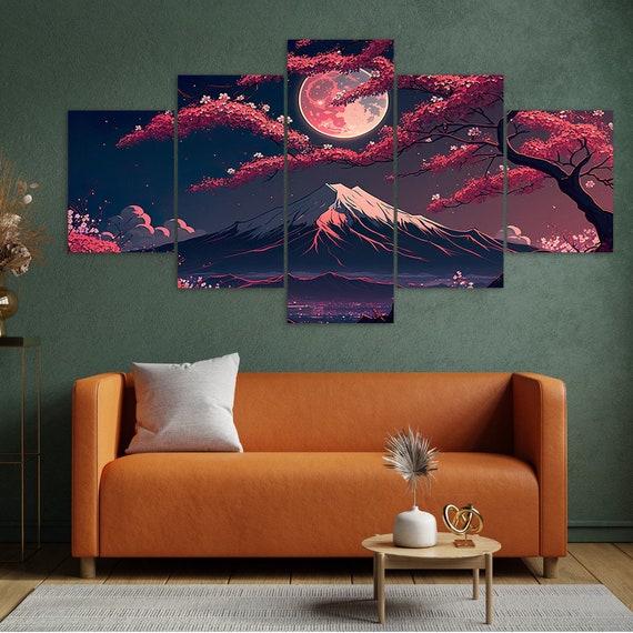 Mount Fuji Canvas Wall Art: Full Moon, Cherry Blossoms, 5 Panel