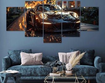 Black Porsche 911 Urban Night Lights 5 Piece Canvas Wall Art Framed Multi Panel Prints Home Decor