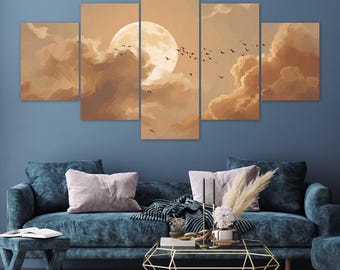 Golden Moon Birds Flying Through Sepia Clouds Dreamy 5 Piece Canvas Wall Art Framed Multi Panel Prints Painting Style Art Home Decor