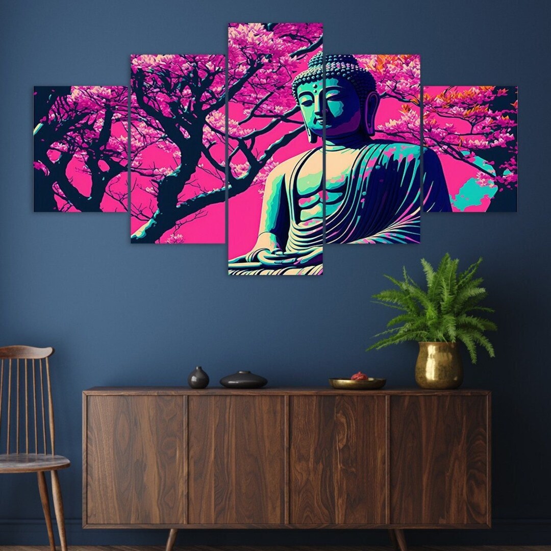 Cherry Blossom Buddha Statue 5 Piece Canvas Wall Art Framed Multi Panel ...