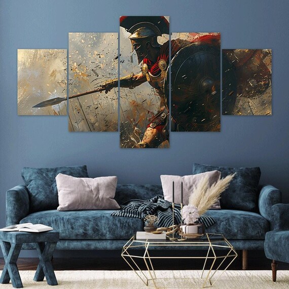 Spartan Warrior Spear Battle Scene 5 Piece Canvas Wall Art Framed Multi Panel Prints Painting Style Art Home Decor