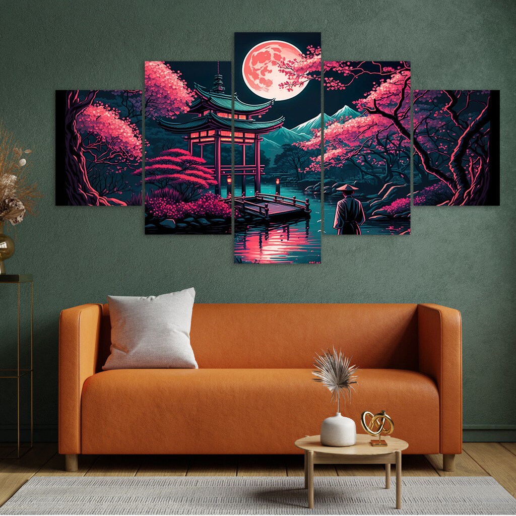 Japanese Garden Cherry Blossoms Full Moon 5 Piece Canvas Wall Art