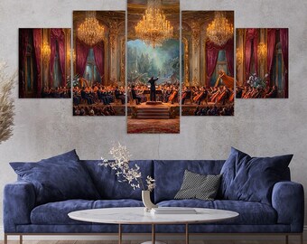 Orchestra Concert Hall Chandeliers Red Curtains 5 Piece Canvas Wall Art Framed Multi Panel Prints Oil Painting Style Art Home Decor