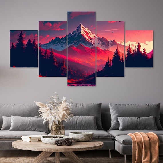 Red Sky Forest Majestic Mountains 5 Piece Canvas Wall Art Framed