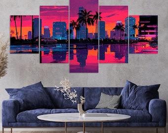 Neon Miami Skyline Palm Trees Pink Sunset Reflections 5 Piece Canvas Wall Art Framed Multi Panel Prints Painting Style Art Home Decor