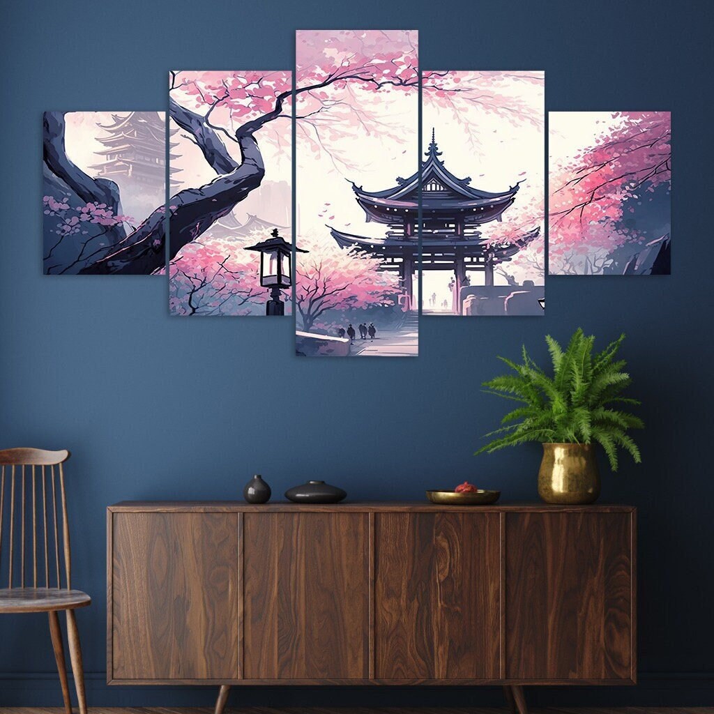 Japanese Temple Sakura Trees Scenery 5 Piece Canvas Wall Art Framed ...