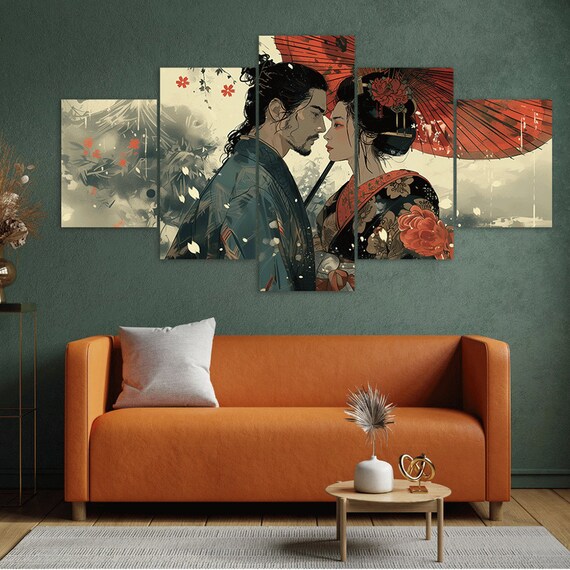 Samurai and Geisha Japanese Couple Romance 5 Piece Canvas Wall Art