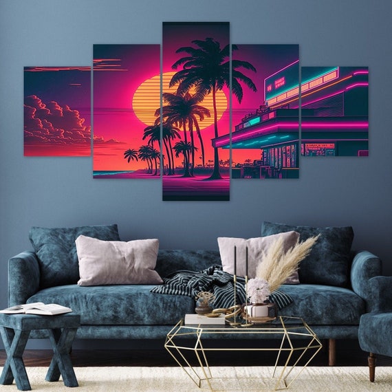 Neon Boardwalk Florida Miami Synthwave Sunset 5 Piece Canvas Wall