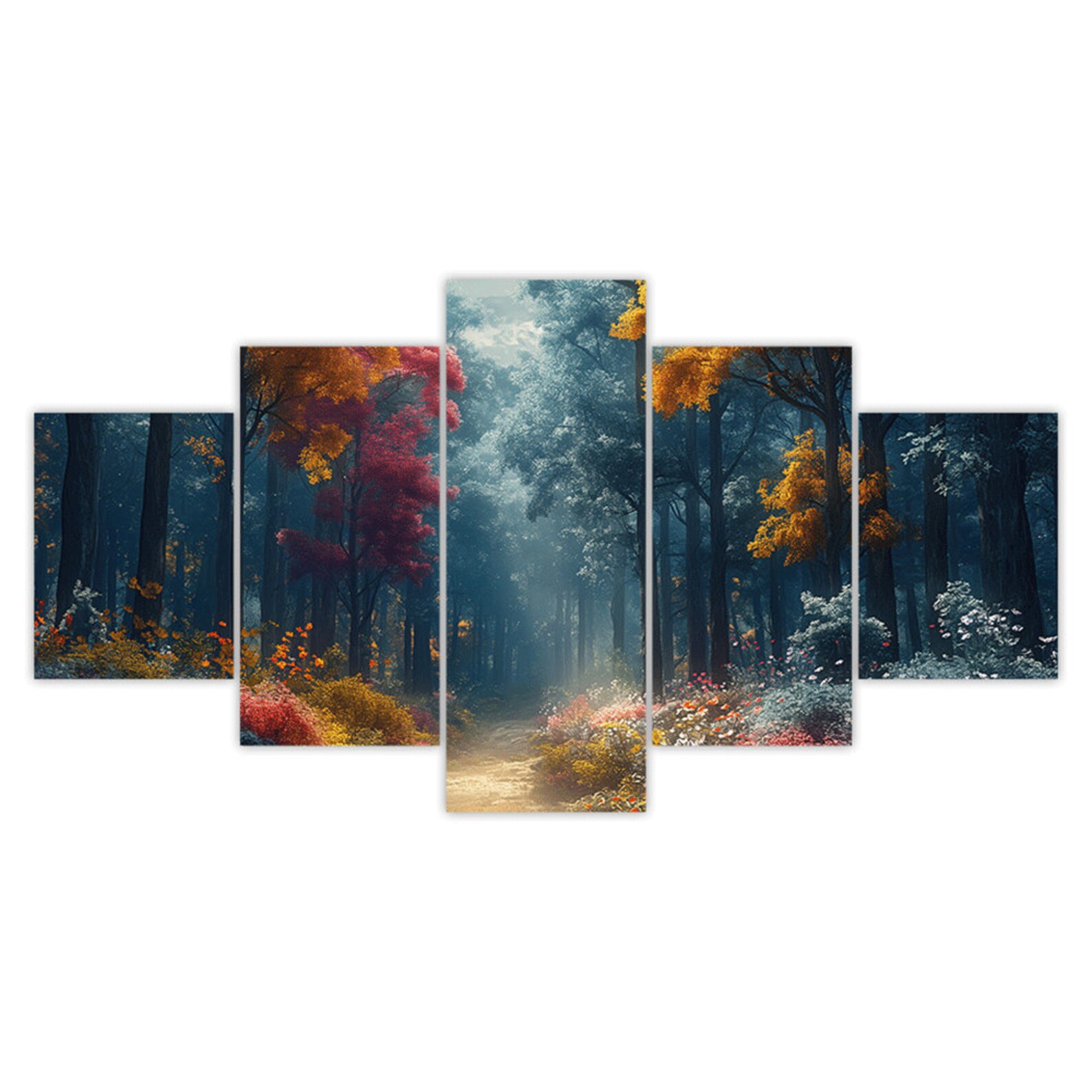 Colorful Forest Pathway Sun Ray Scenery 5 Piece Canvas Wall Art Framed ...