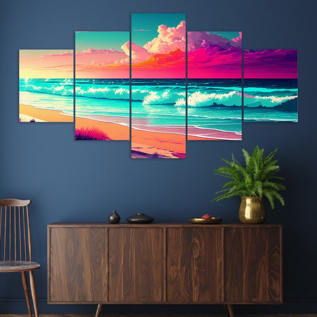 Beach Ocean Waves Purple Clouds 5 Piece Canvas Wall Art Framed Multi ...
