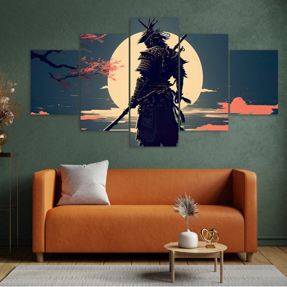 Samurai In Voorkant Van Een Rood Maan. Japans Samurai Krijger Met Een Zwaard Samurai Met Rood Maan Behang Rood Maan Japans Thema Behang Vector