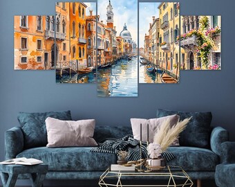 Venice Grand Canal Gondolas Orange Buildings Balcony 5 Piece Canvas Wall Art Framed Multi Panel Prints Watercolor Style Art Home Decor