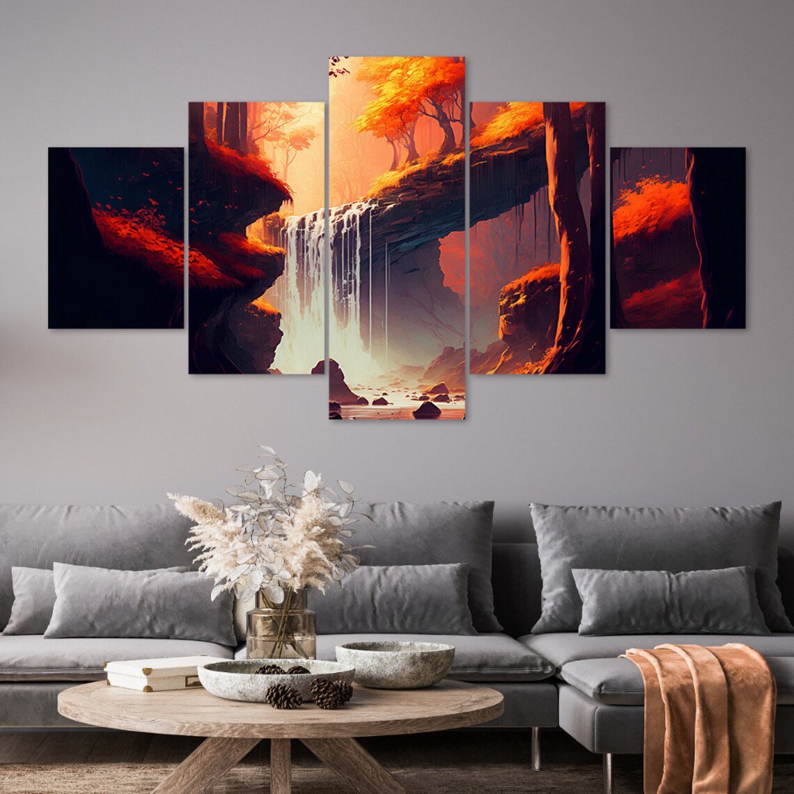Fantasy Waterfall Orange Forest Colours 5 Piece Canvas Wall Art Framed ...