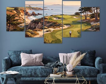 Coastal Golf Course Cliffs Ocean Fairway Golfer 5 Piece Canvas Wall Art Framed Multi Panel Prints Impressionist Style Art Home Decor