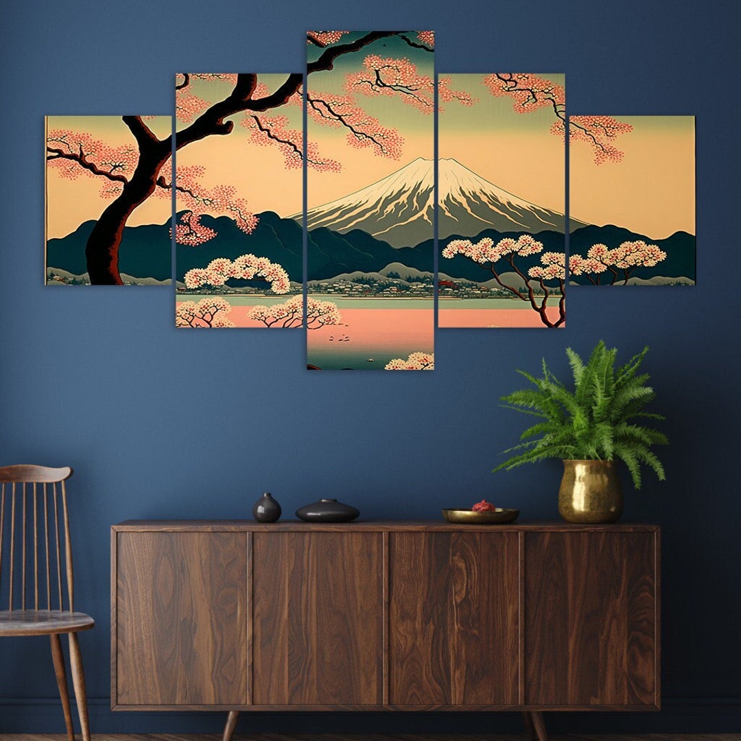 Mount Fuji Cherry Blossom Canvas Wall Art, 5 Panel Japanese Landscape ...