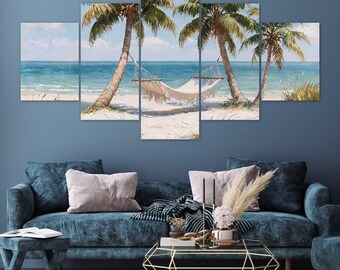 Tropical Hammock Between Palms Turquoise Ocean Beach 5 Piece Canvas Wall Art Framed Multi Panel Prints Oil Painting Style Art Home Decor