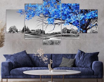 Blue Leaves Tree Black White Countryside Landscape 5 Piece Canvas Wall Art Framed Multi Panel Prints Oil Painting Style Art Home Decor