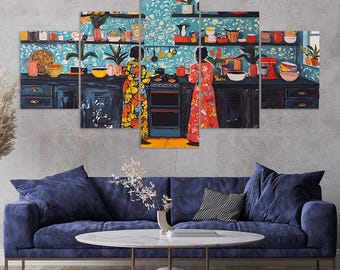 Two Black Women Cooking Retro Kitchen Blue Floral Wallpaper 5 Piece Canvas Wall Art Framed Multi Panel Prints Painting Style Art Home Decor