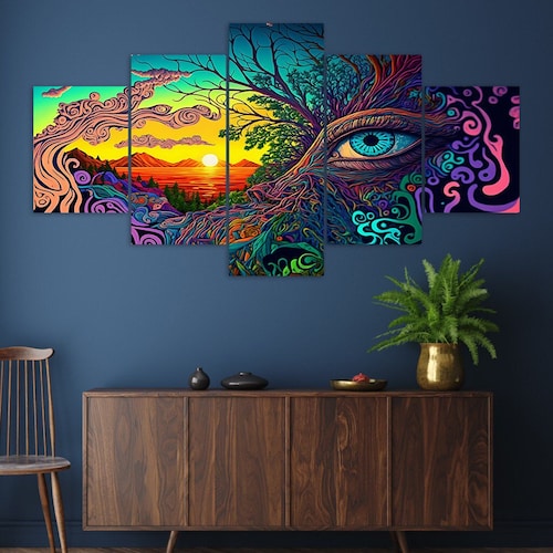 Abstract Psychedelic All Seeing Eye 5 Piece Canvas Wall Art Framed Multi Panel Prints Modern Home Decor