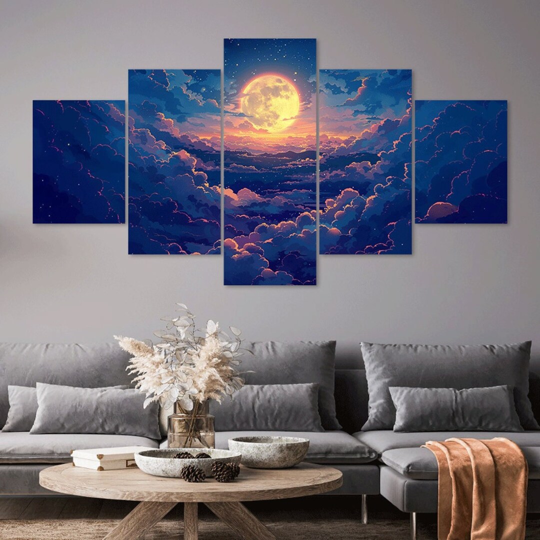 Full Moon Fantasy Canvas Wall Art, 5 Panel Night Sky Print - Etsy