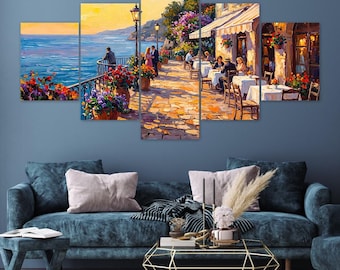 Romantic Seaside Promenade Couple Cafe Terrace Flowers 5 Piece Canvas Wall Art Framed Multi Panel Prints Oil Painting Style Art Home Decor