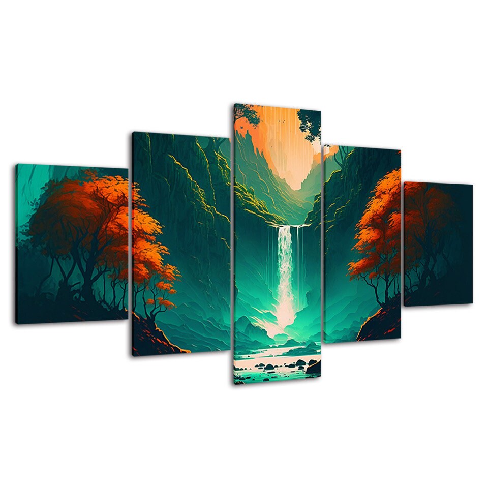 Fantasy Waterfall Forest Canvas Wall Art, 5 Panel Modern Print - Etsy