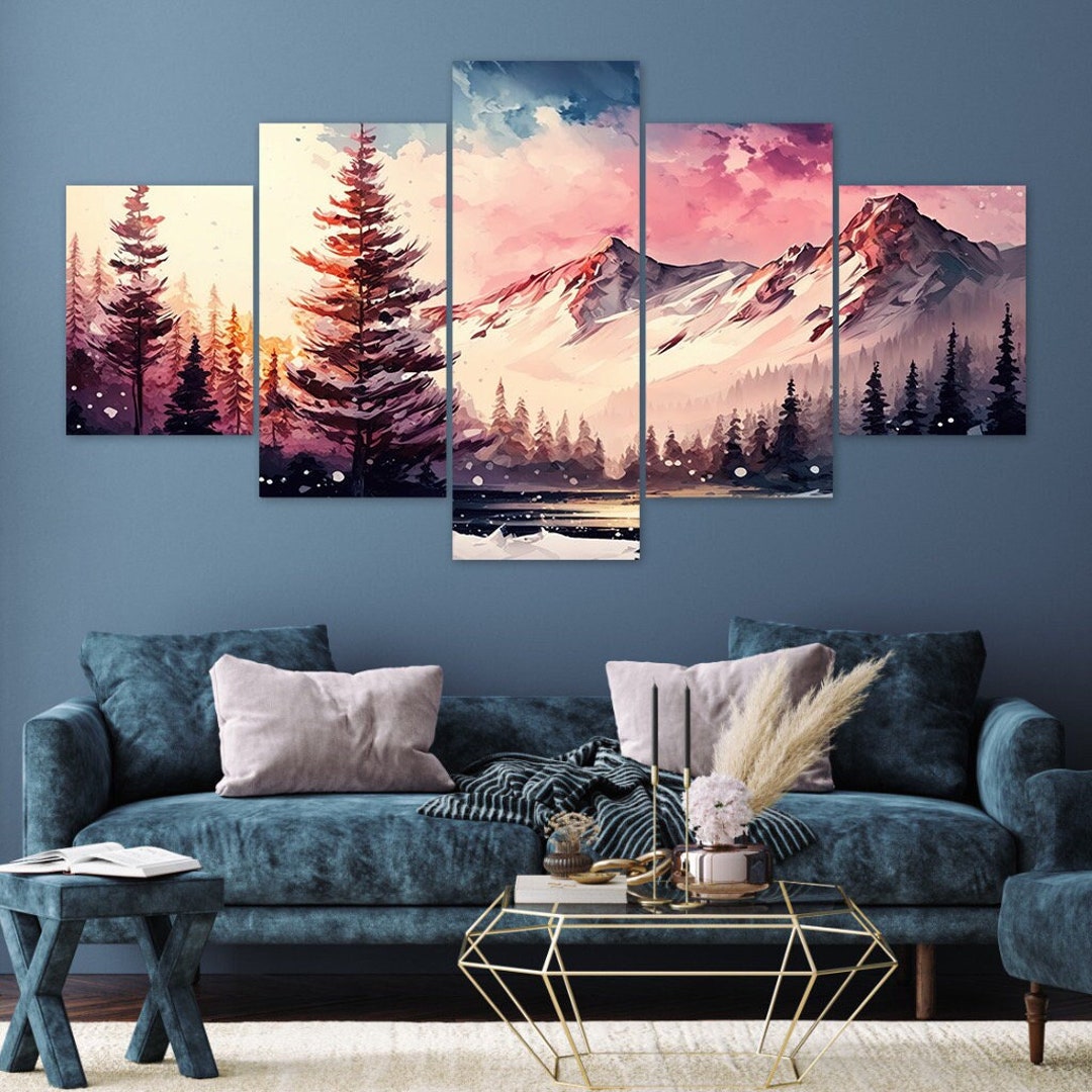 Winter Mountains Pine Trees Pink Landscape 5 Piece Canvas Wall Art ...