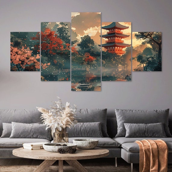Japanese Garden Canvas Wall Art, 5 Panel Pagoda Print - Etsy