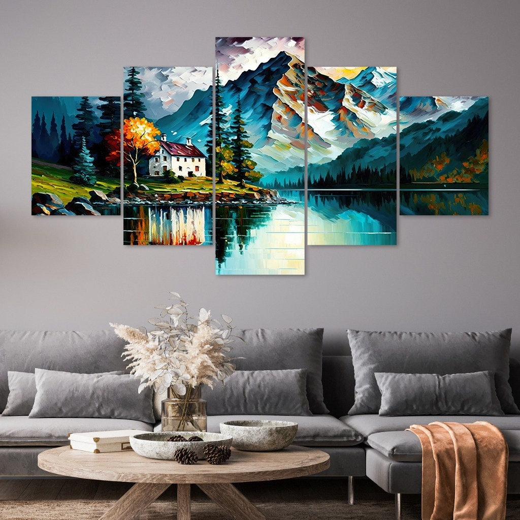 Lake Mountain Landscape Canvas Wall Art, Modern 5-piece Multi Panel ...