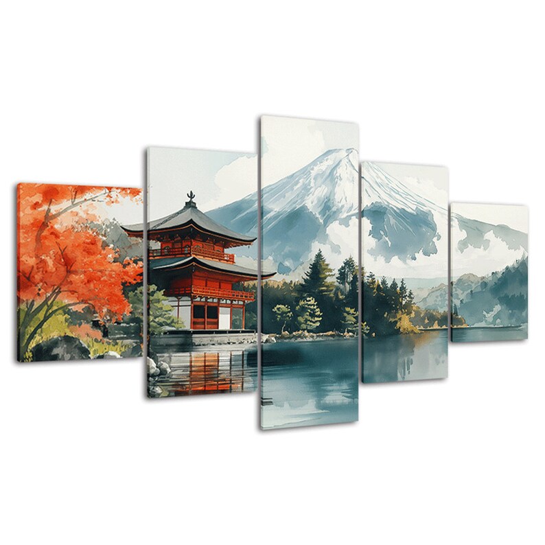 Mount Fuji Canvas Wall Art: Japanese Pagoda Temple, 5-panel Print - Etsy