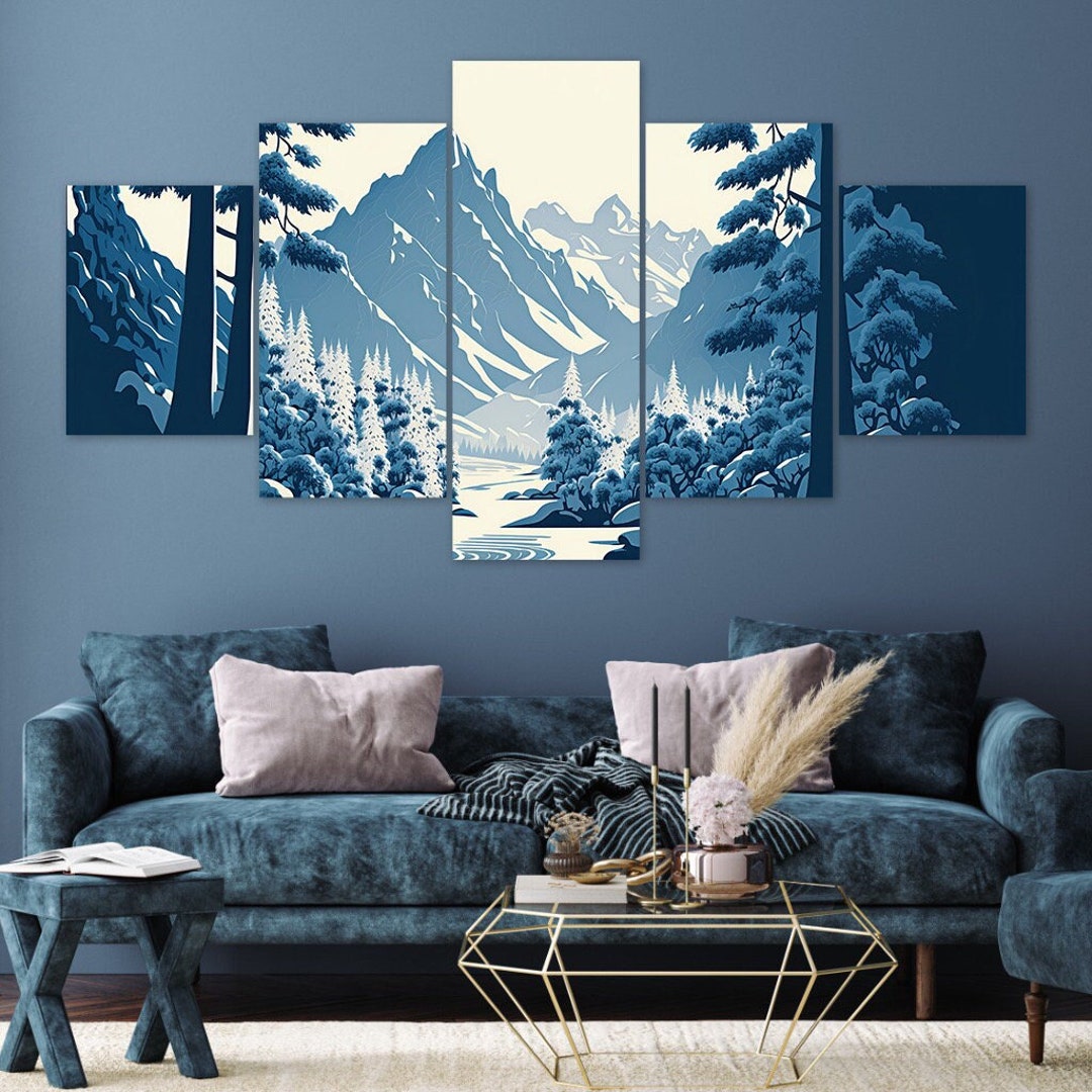 Forest Mountain Winter Landscape 5 Piece Canvas Wall Art Framed Multi ...