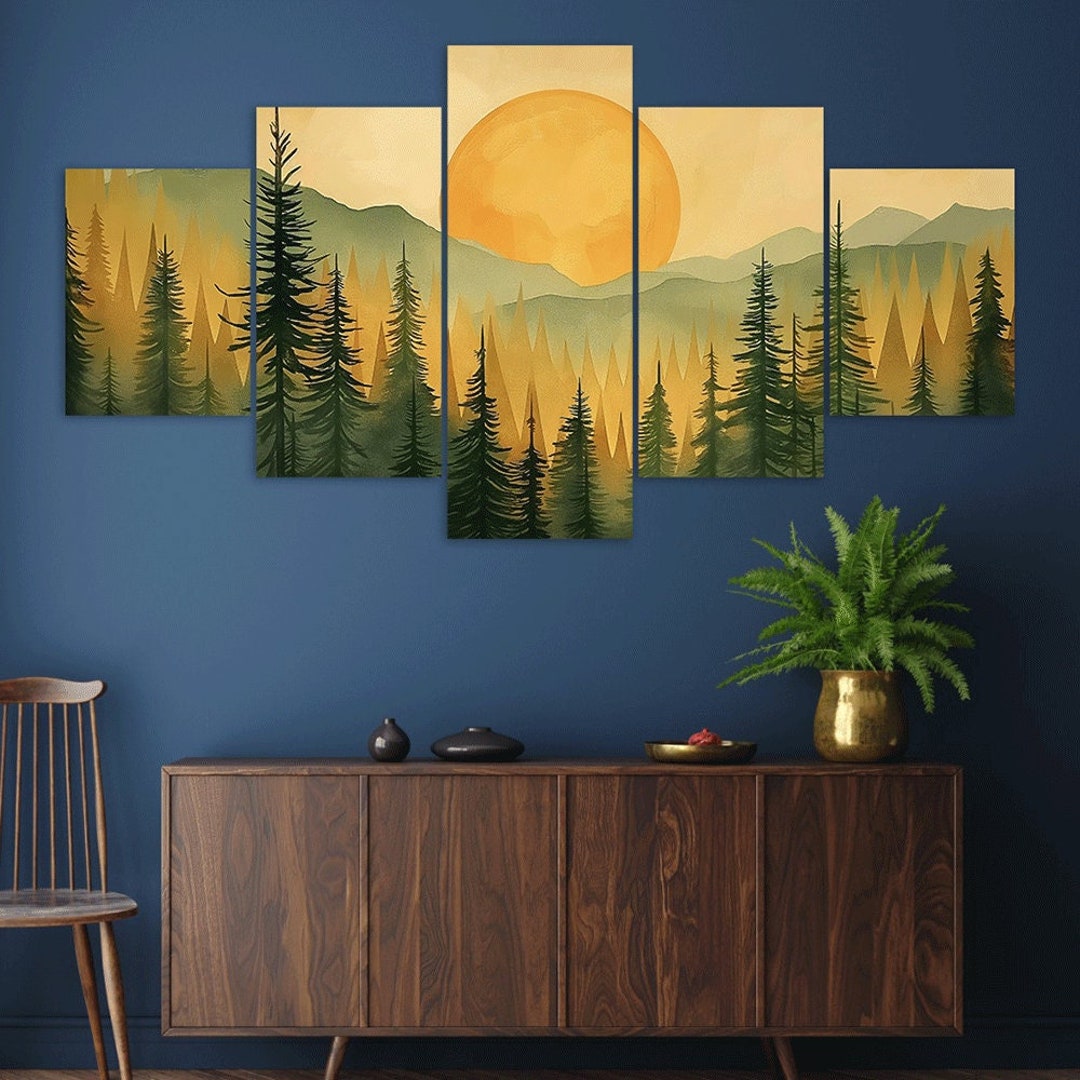 Misty Pine Trees Forest Landscape 5 Piece Canvas Wall Art Framed Multi ...