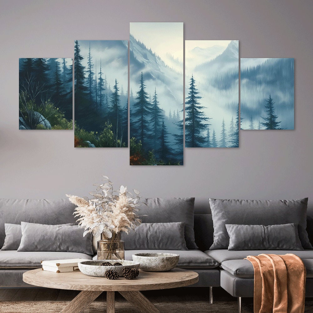 Misty Mountain Forest Canvas Wall Art, 5 Piece Multi Panel Print - Etsy