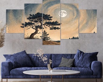 Bonsai Pine Tree Starry Swirling Sky Shooting Star 5 Piece Canvas Wall Art Framed Multi Panel Prints Sumi-e Style Art Home Decor
