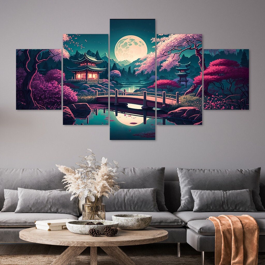 Japanese Garden Cherry Blossoms Full Moon 5 Piece Canvas