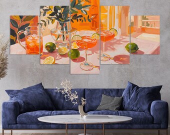 Orange Cocktails Lemons Limes Glass Vase Leaves Sunlit 5 Piece Canvas Wall Art Framed Multi Panel Prints Painting Style Art Home Decor