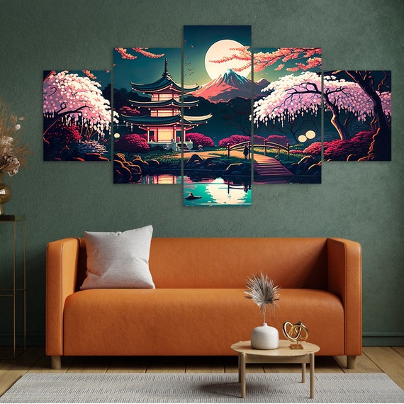 Fantasy Japanese Garden 5 Piece Canvas Wall Art Framed Multi