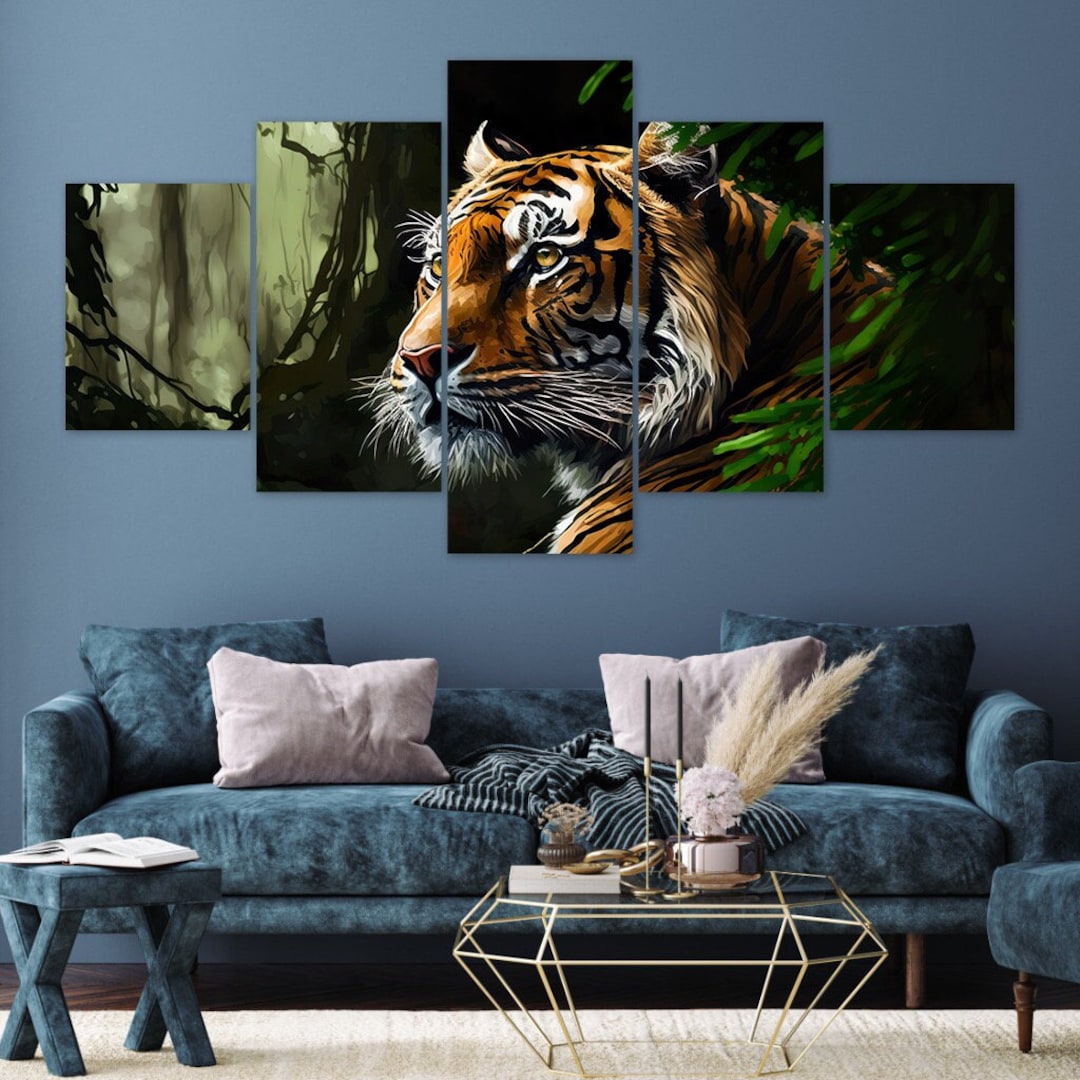 Tiger Jungle Animal Deep Look 5 Piece Canvas Wall Art Framed Multi ...