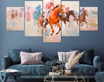 Racehorses Jockeys Galloping Pastel Brushstrokes 5 Piece Canvas Wall Art Framed Multi Panel Prints Impressionist Style Art Home Decor