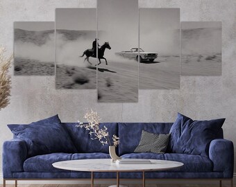 Vintage Convertible Car Cowboy Horse Racing 5 Piece Canvas Wall Art Framed Multi Panel Prints Photography Style Art Home Decor
