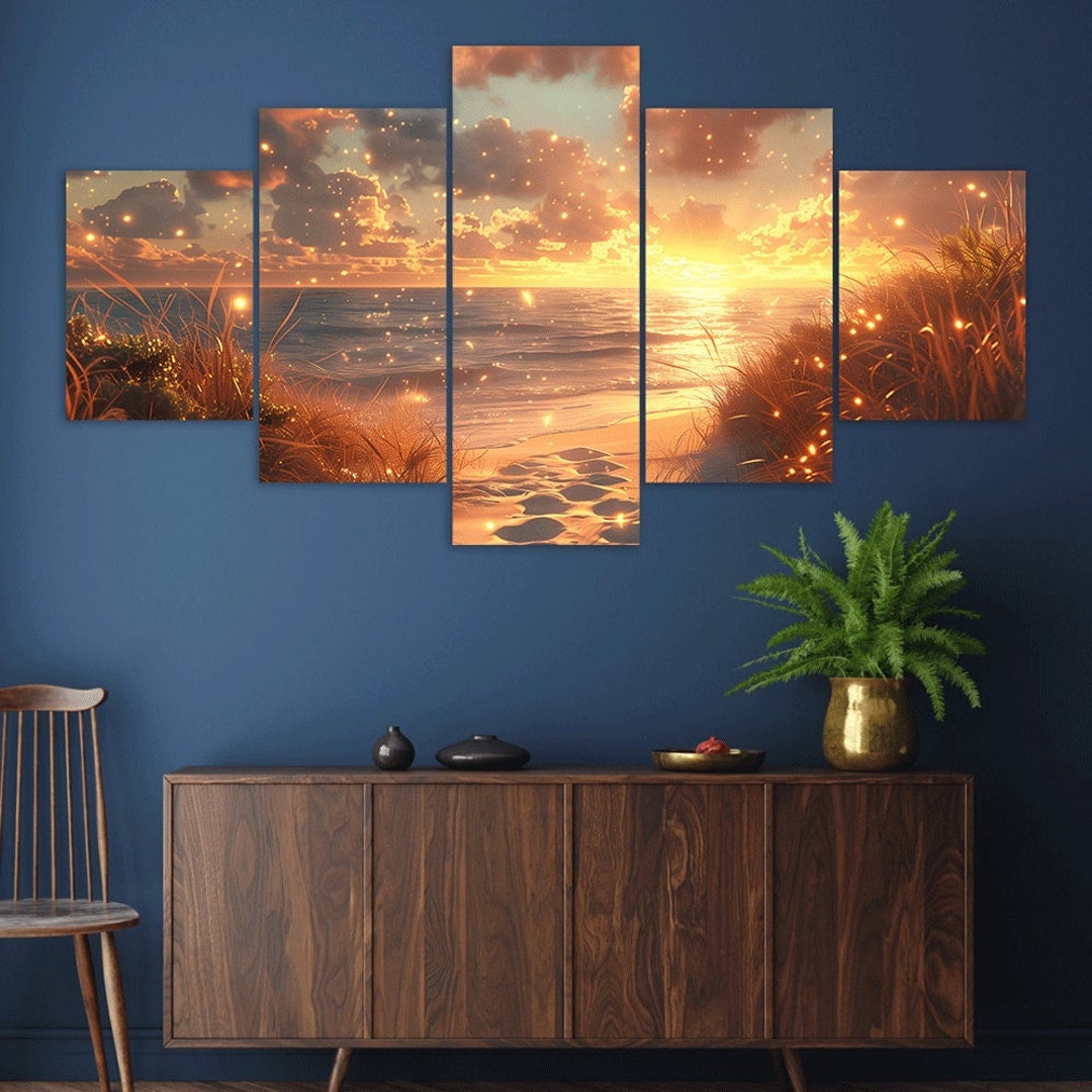 Fantasy Beach Sunset 5 Piece Canvas Wall Art Framed Multi Panel Prints ...